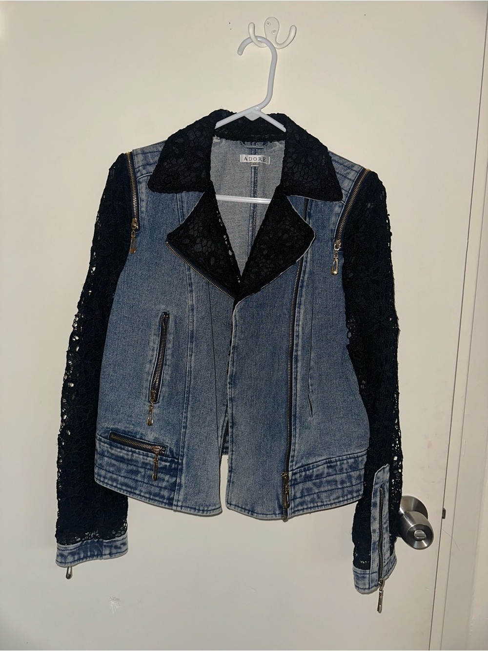 Adore Blue Denim Jacket with Black Lace Sleeves